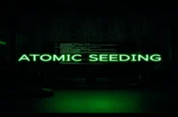 A dark‑mode developer workspace showing a glowing green terminal and the bold label "ATOMIC SEEDING", illustrating Prisma seeding in CI/CD pipelines.