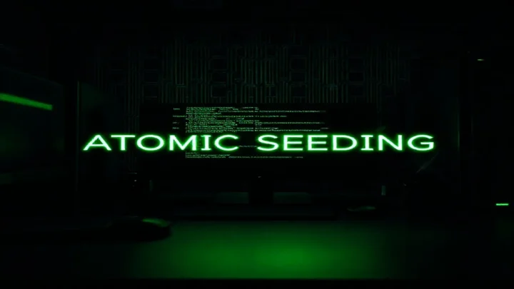 A dark‑mode developer workspace showing a glowing green terminal and the bold label "ATOMIC SEEDING", illustrating Prisma seeding in CI/CD pipelines.