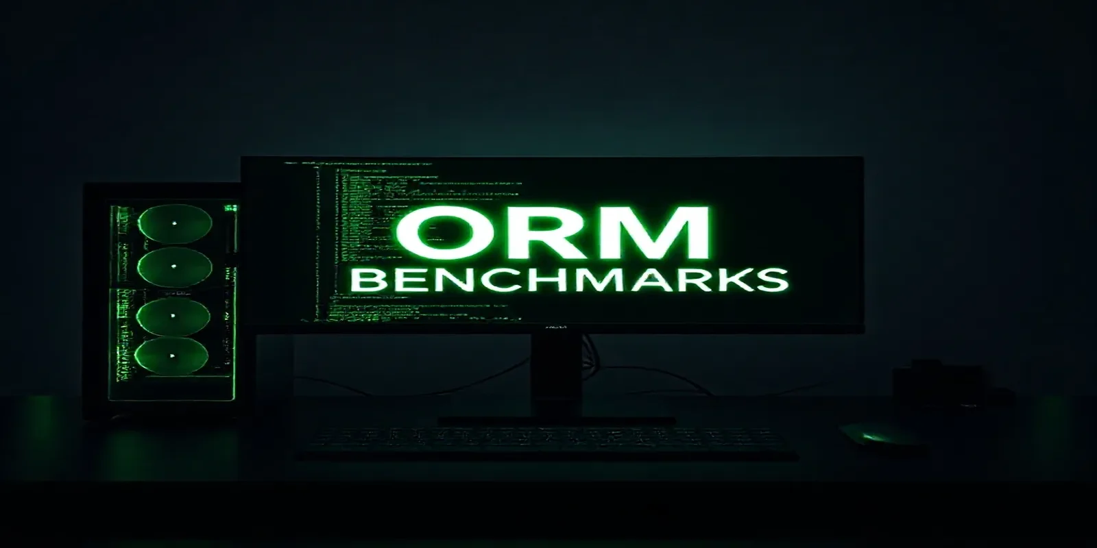 Dark‑mode developer workstation with a glowing green terminal showing performance data, illustrating the 2025 Prisma vs Sequelize vs TypeORM benchmarks.