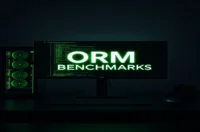 Dark‑mode developer workstation with a glowing green terminal showing performance data, illustrating the 2025 Prisma vs Sequelize vs TypeORM benchmarks.