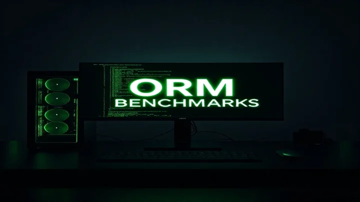 Dark‑mode developer workstation with a glowing green terminal showing performance data, illustrating the 2025 Prisma vs Sequelize vs TypeORM benchmarks.