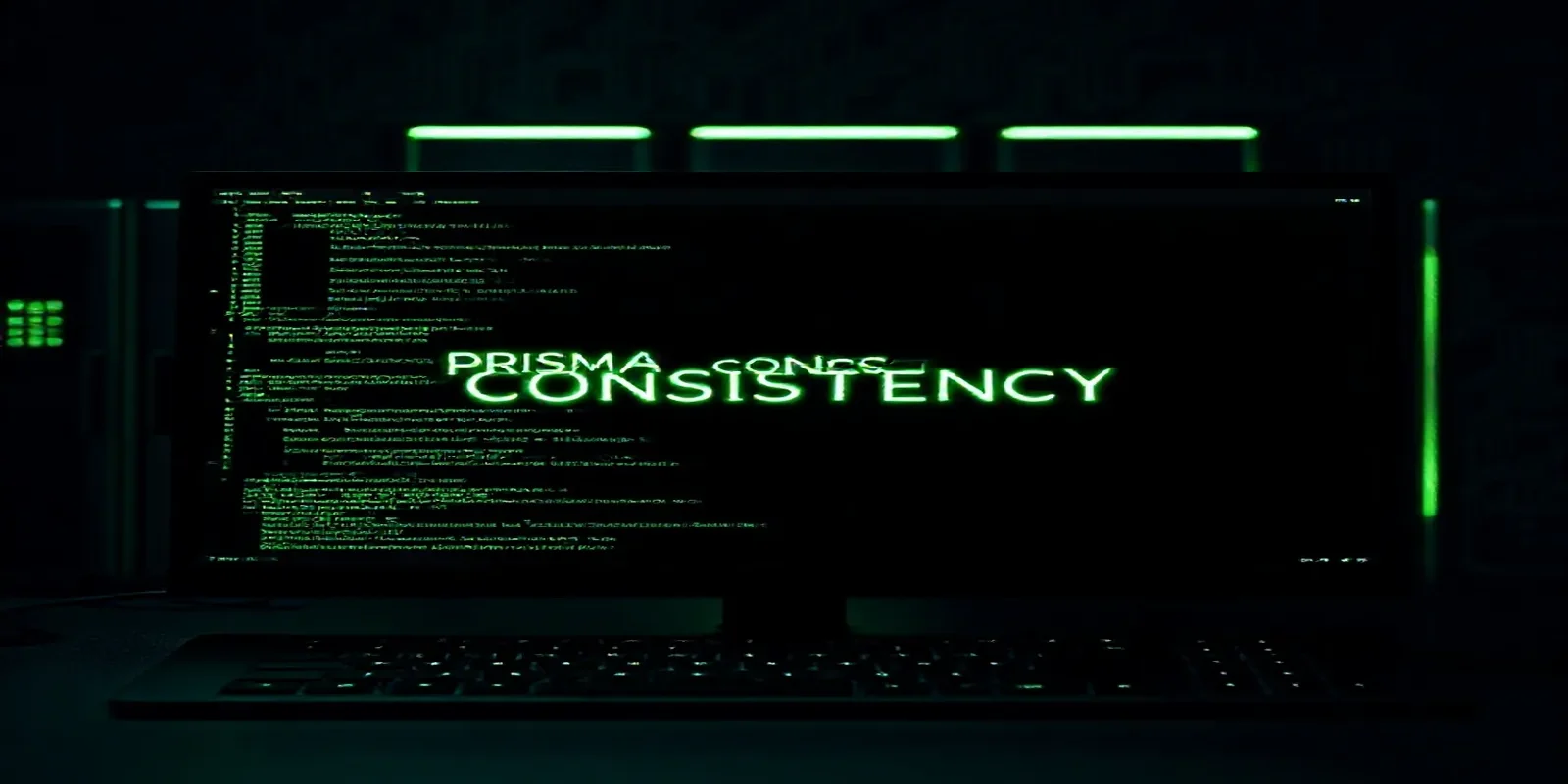 Dark‑mode developer scene with a glowing terminal and sleek hardware, illustrating Prisma Transactions consistency.