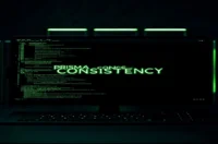 Dark‑mode developer scene with a glowing terminal and sleek hardware, illustrating Prisma Transactions consistency.