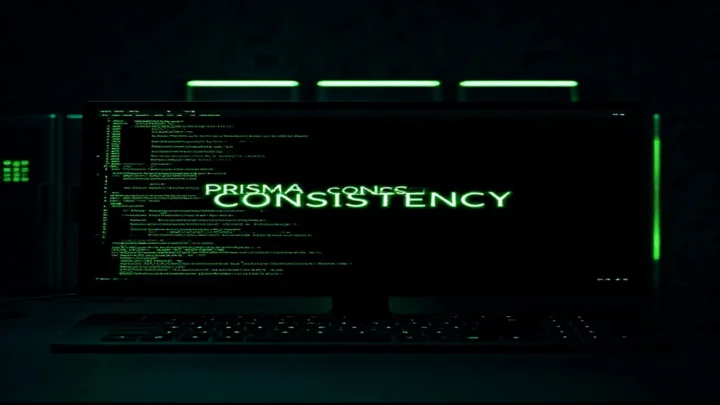 Dark‑mode developer scene with a glowing terminal and sleek hardware, illustrating Prisma Transactions consistency.