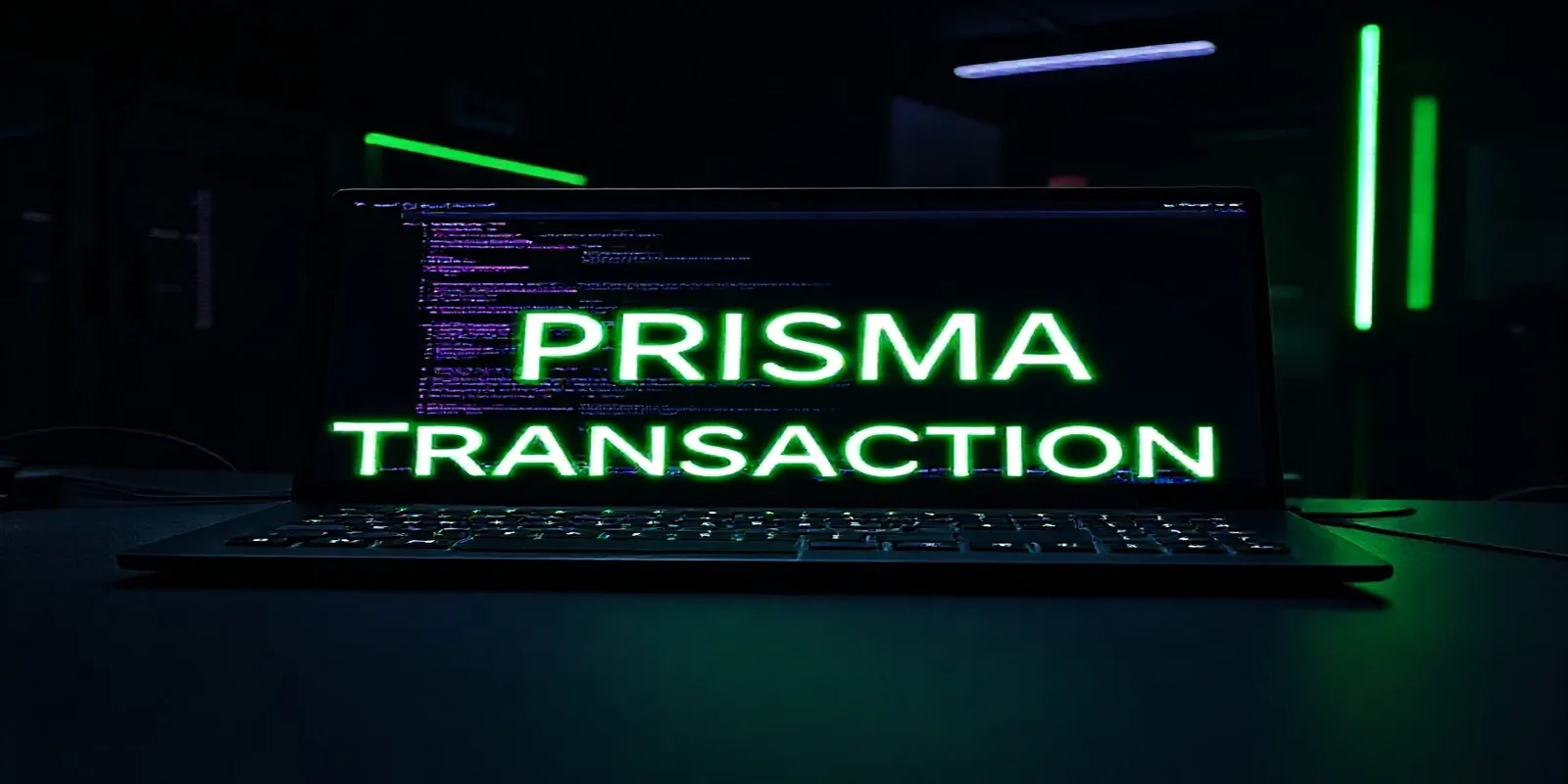 Dark developer workspace illustration featuring a glowing terminal and sleek hardware, highlighting the topic of Prisma transactions in Node.js.