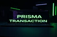 Dark developer workspace illustration featuring a glowing terminal and sleek hardware, highlighting the topic of Prisma transactions in Node.js.
