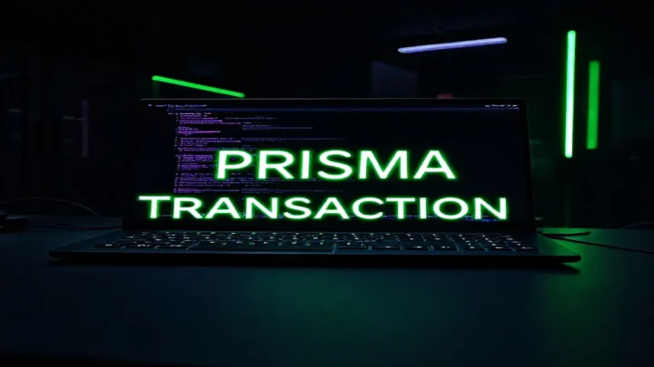 Dark developer workspace illustration featuring a glowing terminal and sleek hardware, highlighting the topic of Prisma transactions in Node.js.