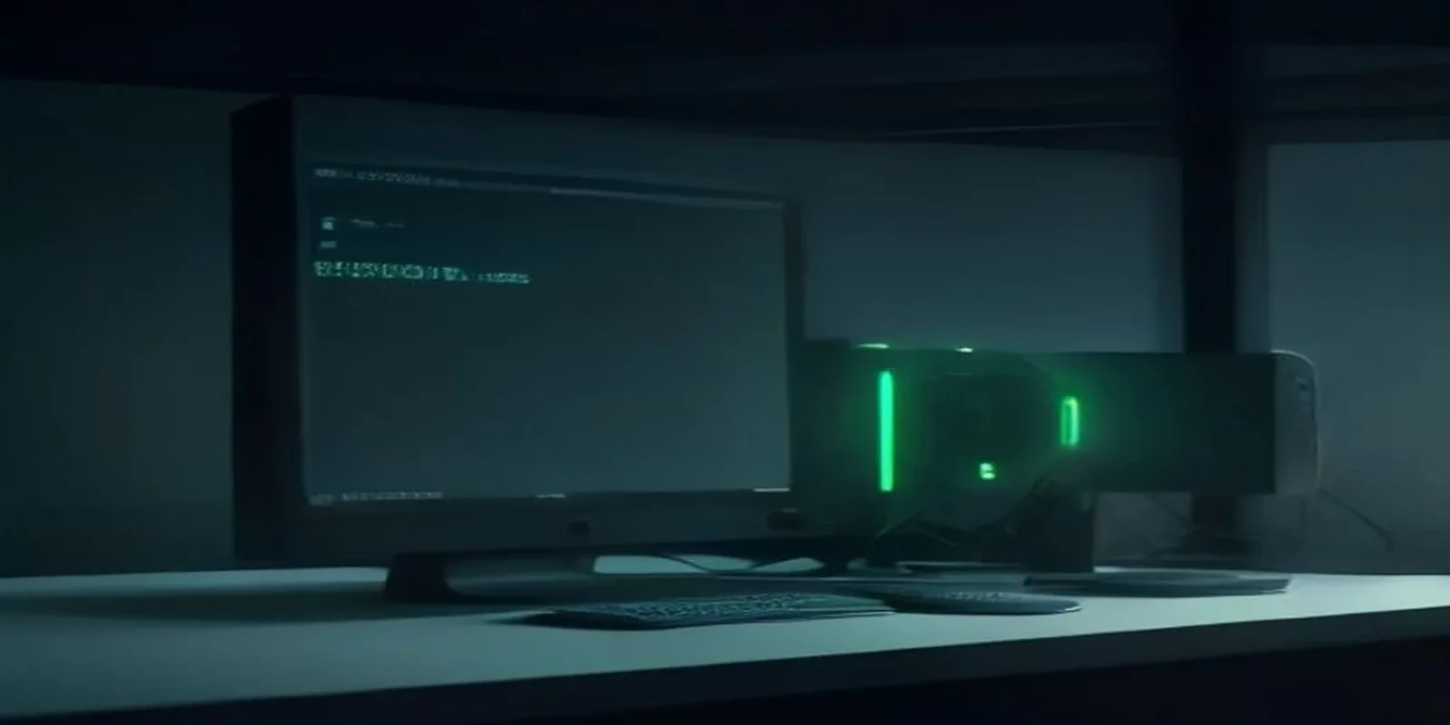 A dark‑mode developer scene featuring a glowing terminal displaying Python asyncio vs Go concurrency code, accented with neon green highlights and the bold label “ASYNC SHOWDOWN.”