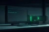 A dark‑mode developer scene featuring a glowing terminal displaying Python asyncio vs Go concurrency code, accented with neon green highlights and the bold label “ASYNC SHOWDOWN.”