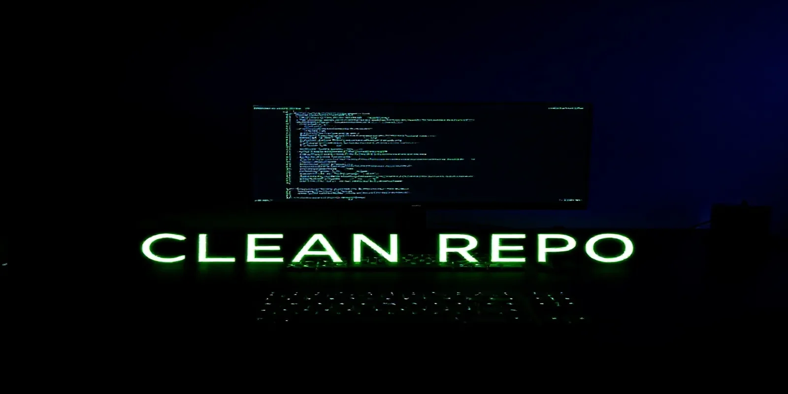 A dark‑mode developer scene with a glowing terminal displaying Prisma code and the label “CLEAN REPO,” illustrating the Repository Pattern with Prisma for a clean backend.