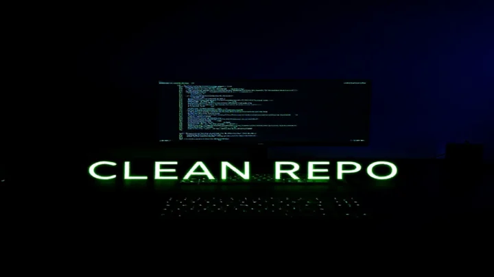 A dark‑mode developer scene with a glowing terminal displaying Prisma code and the label “CLEAN REPO,” illustrating the Repository Pattern with Prisma for a clean backend.