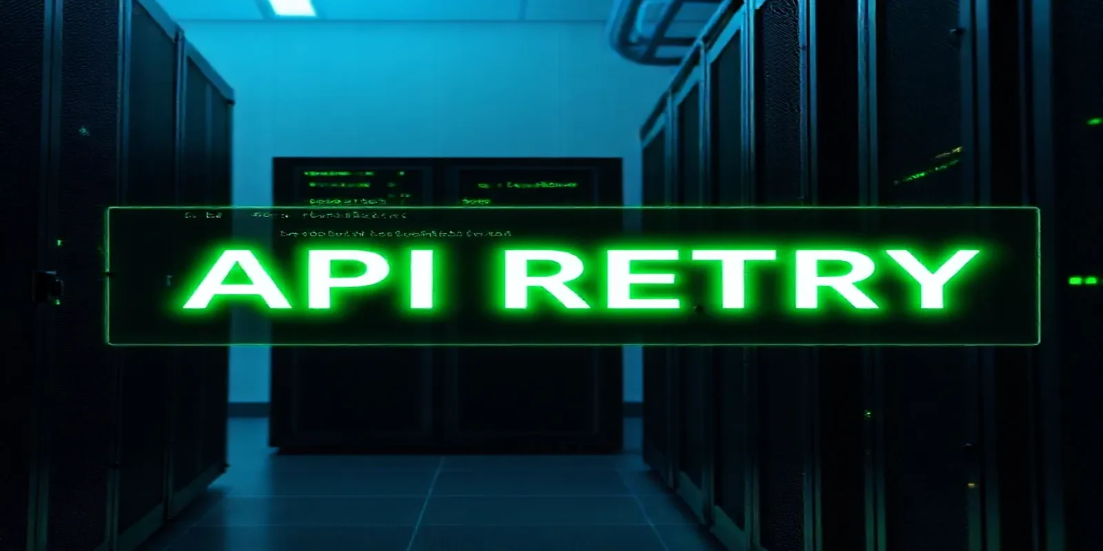A dark‑mode developer‑style cover image illustrating a glowing terminal with AI API retry and backoff code, highlighted in neon green, and the bold label “API RETRY”.
