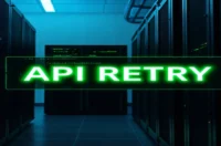 A dark‑mode developer‑style cover image illustrating a glowing terminal with AI API retry and backoff code, highlighted in neon green, and the bold label “API RETRY”.