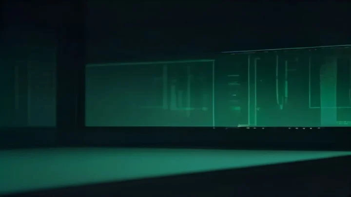 A dark developer workspace illustration with a glowing terminal and neon green accents that conveys the concept of Room Database Migrations 2026.