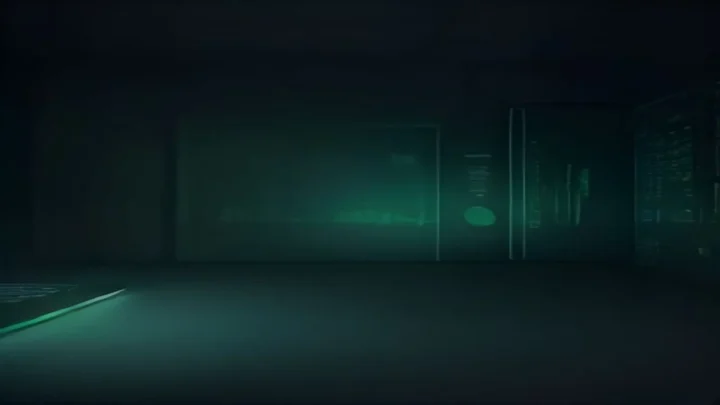 A dark developer‑style illustration featuring a glowing green terminal and a faint holographic hostel outline, centered around the bold “HOSTEL SAGA” label, representing the Saga Pattern for resilient hostel booking.