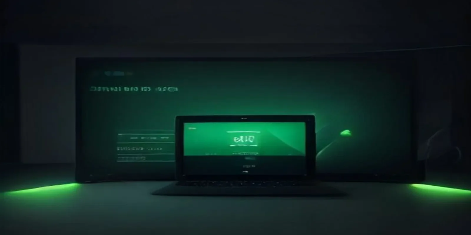 Dark‑mode developer workstation with a glowing green terminal and neon accents highlighting the phrase “FLUTTER TESTING,” representing AI Flutter testing tips for SmokeRevel vs Playwright.