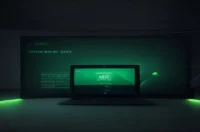 Dark‑mode developer workstation with a glowing green terminal and neon accents highlighting the phrase “FLUTTER TESTING,” representing AI Flutter testing tips for SmokeRevel vs Playwright.