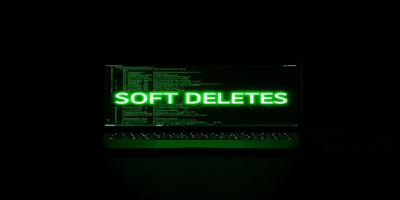 A dark‑mode developer scene illustrating soft deletes with Prisma in a Node.js environment, featuring a glowing terminal and neon green accents.