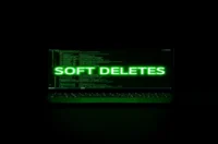 A dark‑mode developer scene illustrating soft deletes with Prisma in a Node.js environment, featuring a glowing terminal and neon green accents.