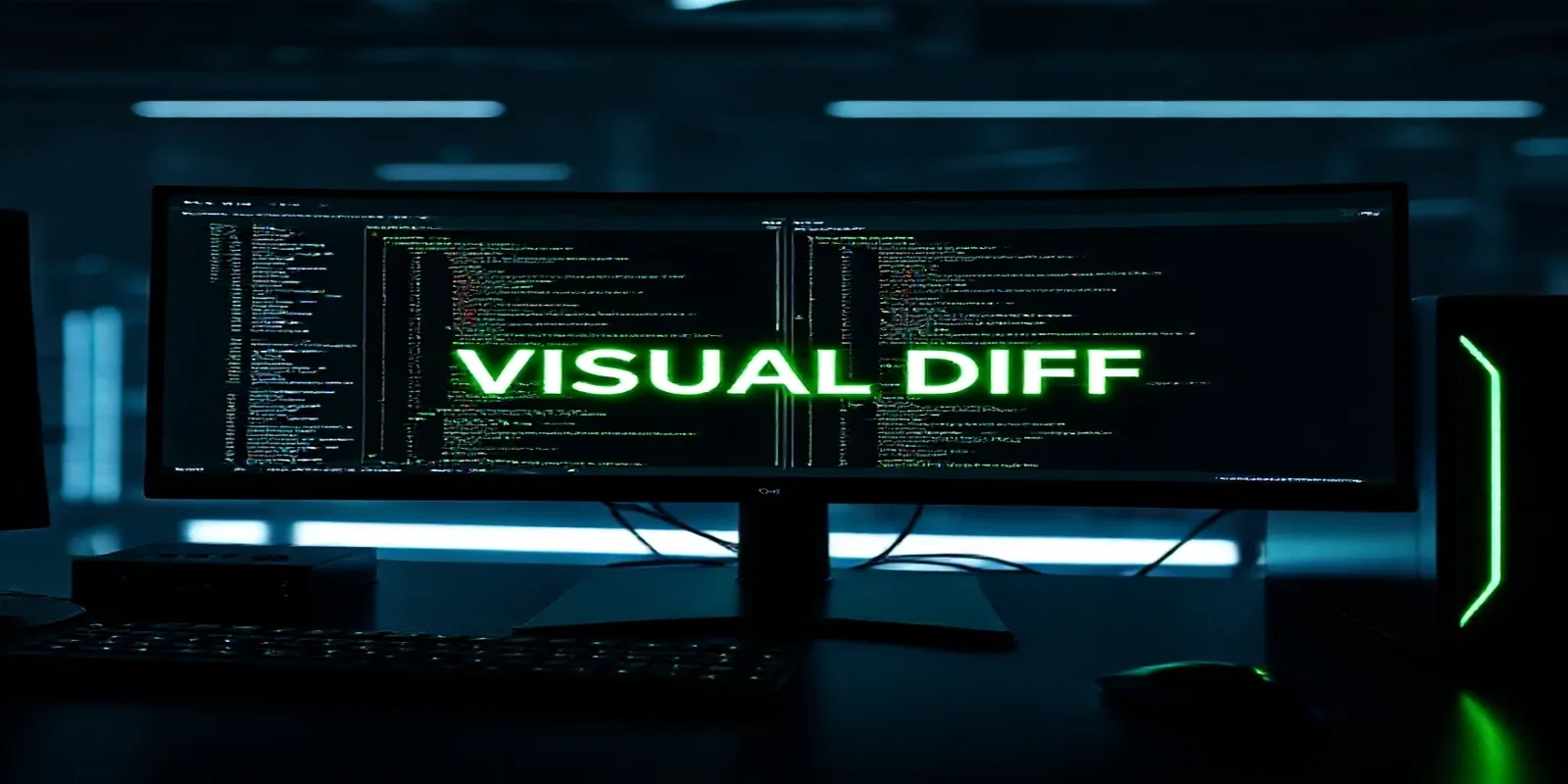 A dark‑mode developer setup displaying Playwright visual diff screenshots on a glowing terminal, highlighted with neon green accents.