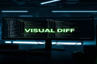 A dark‑mode developer setup displaying Playwright visual diff screenshots on a glowing terminal, highlighted with neon green accents.