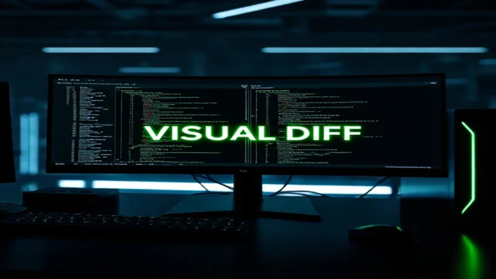 A dark‑mode developer setup displaying Playwright visual diff screenshots on a glowing terminal, highlighted with neon green accents.