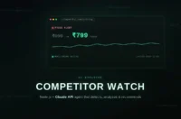 Competitor Watch banner showing a price drop alert from ₹999 to ₹799 for an AI agent built with Node.js and Claude API