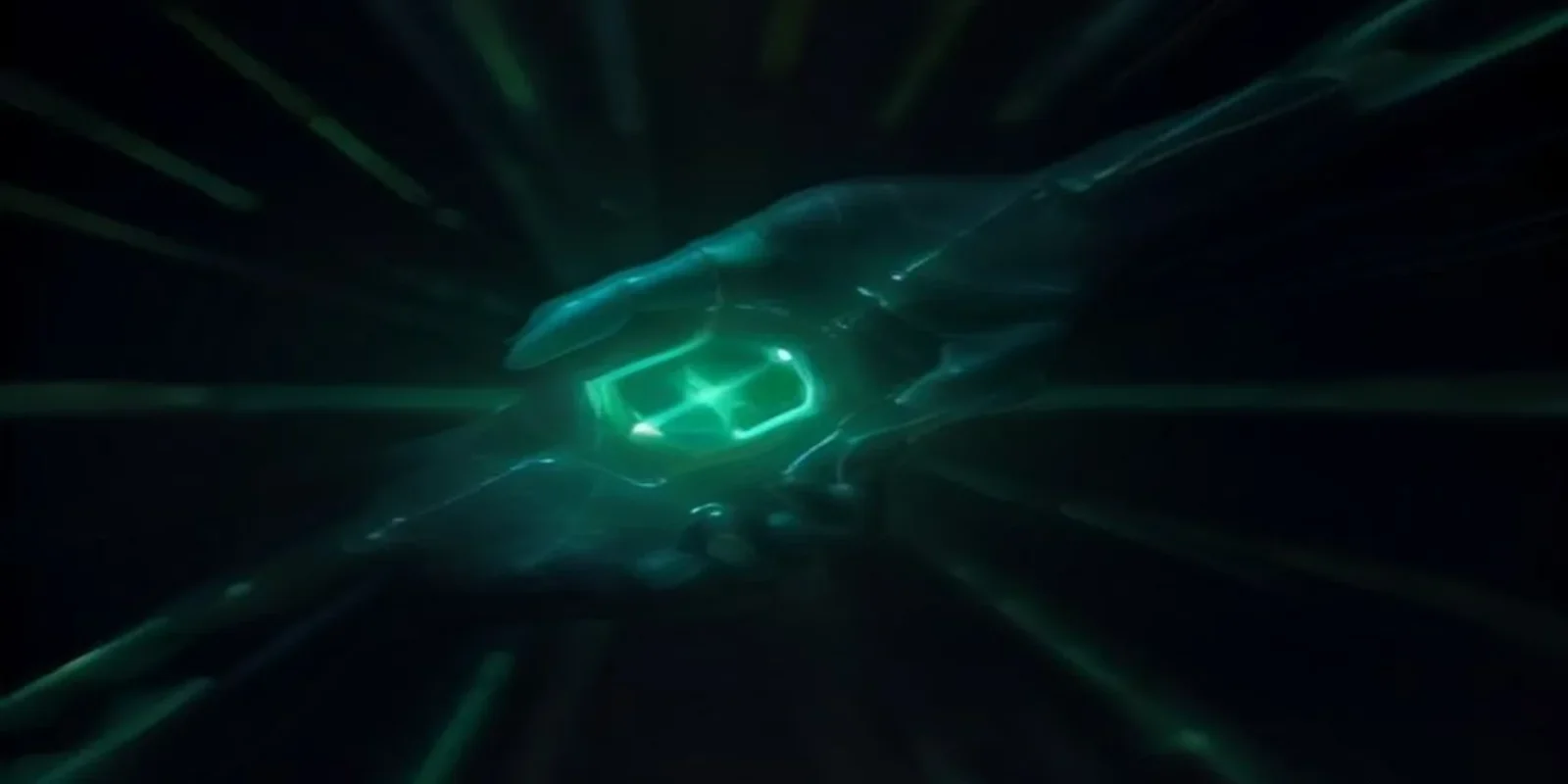 A futuristic AI agent interacting with a glowing green CRM interface on a dark terminal screen.