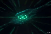 A futuristic AI agent interacting with a glowing green CRM interface on a dark terminal screen.