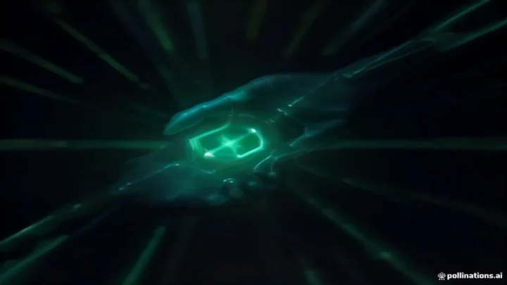 A futuristic AI agent interacting with a glowing green CRM interface on a dark terminal screen.
