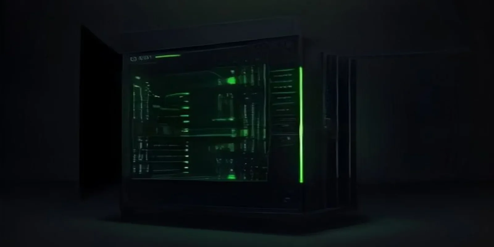 A dark-mode illustration of server hardware with neon green highlights featuring the text AI Architecture.