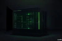 A dark-mode illustration of server hardware with neon green highlights featuring the text AI Architecture.