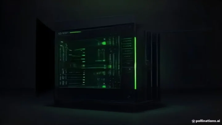 A dark-mode illustration of server hardware with neon green highlights featuring the text AI Architecture.