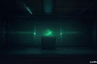 A dark-themed developer workspace featuring glowing green OpenTelemetry traces analyzing a fragmented Kubernetes cube with the text AI DEBUG centered on screen.