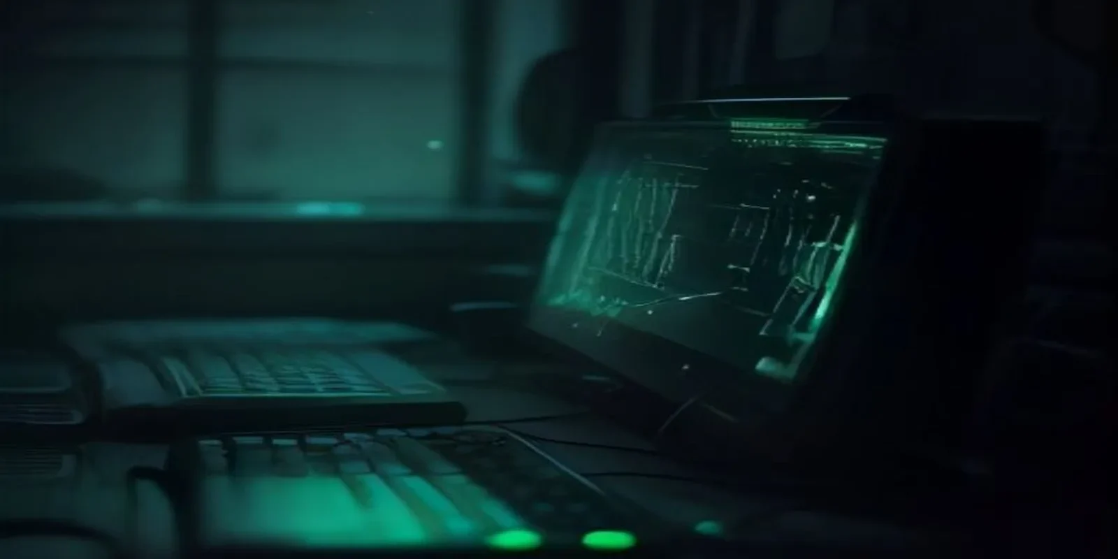A glowing green keyboard dissolves into digital static, with "DIGITAL STILLNESS" text centered on a dark developer workstation.