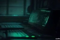 A glowing green keyboard dissolves into digital static, with "DIGITAL STILLNESS" text centered on a dark developer workstation.