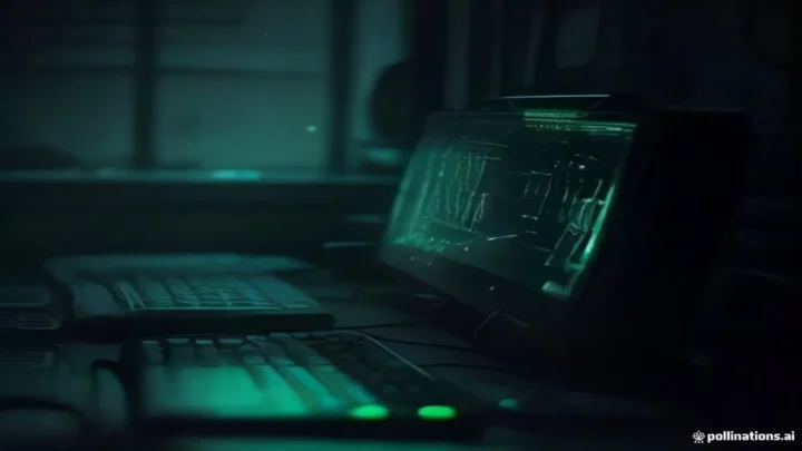 A glowing green keyboard dissolves into digital static, with "DIGITAL STILLNESS" text centered on a dark developer workstation.