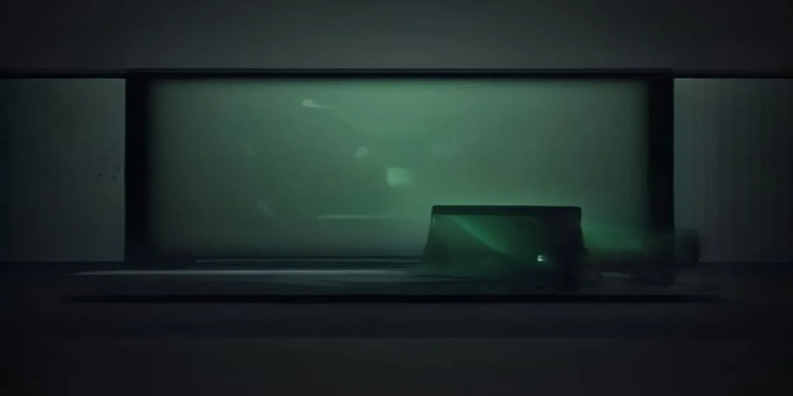 Dark developer desk with a glowing green terminal and “FAST & SAFE” centered, neon green accents on hardware, empty top‑left corner.
