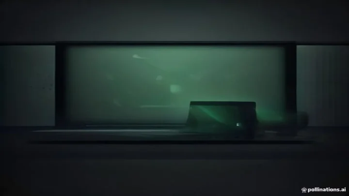 Dark developer desk with a glowing green terminal and “FAST & SAFE” centered, neon green accents on hardware, empty top‑left corner.