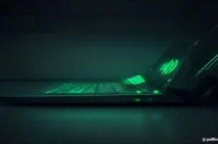 Dark‑mode developer scene with a glowing terminal and sleek hardware highlighted by green neon accents, illustrating the Claude GUI Agent Build comparison between PyQt6 and Tauri.