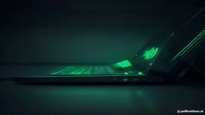 Dark‑mode developer scene with a glowing terminal and sleek hardware highlighted by green neon accents, illustrating the Claude GUI Agent Build comparison between PyQt6 and Tauri.