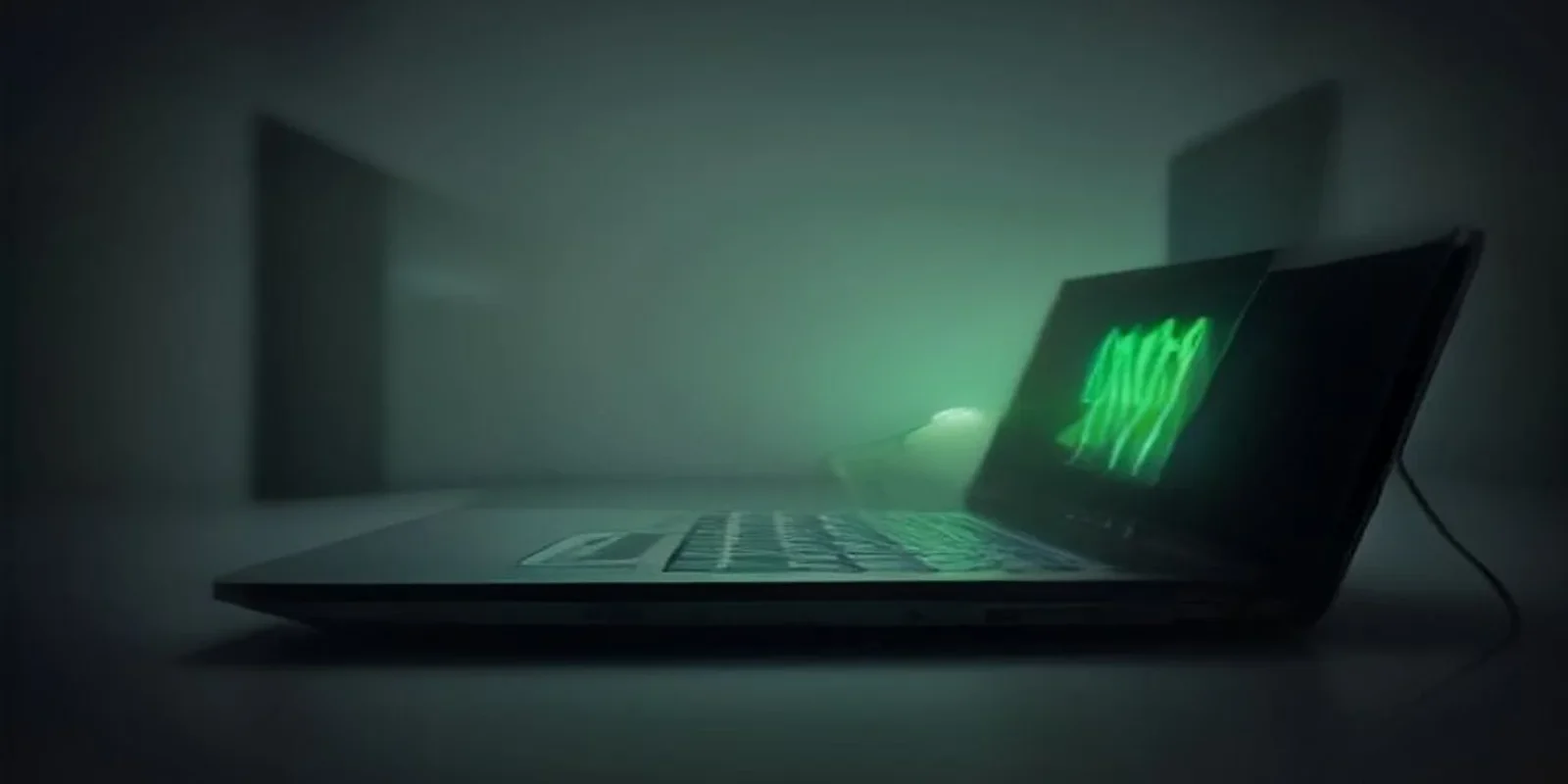 Dark developer desk with glowing green terminal on a laptop, neon circuit accents, empty space for centered “LIVE MODEL UI” text.