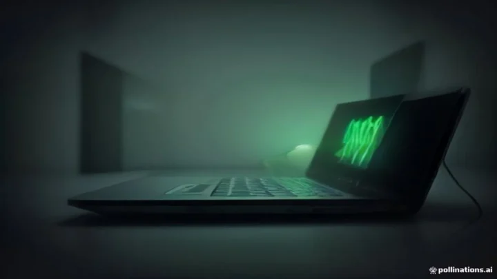 Dark developer desk with glowing green terminal on a laptop, neon circuit accents, empty space for centered “LIVE MODEL UI” text.
