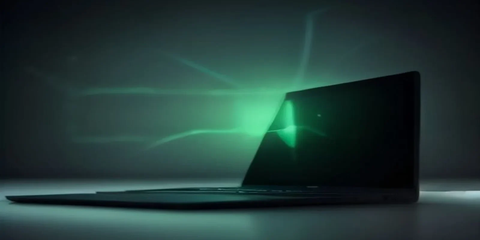 Dark desk with a black laptop showing a bright green terminal and subtle neon circuit accents, minimal background.