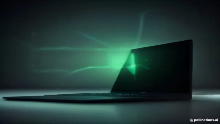 Dark desk with a black laptop showing a bright green terminal and subtle neon circuit accents, minimal background.