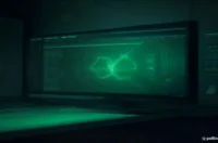 Dark futuristic developer workstation with green neon accents and glowing "EDU AI LAB" text centered on screen.