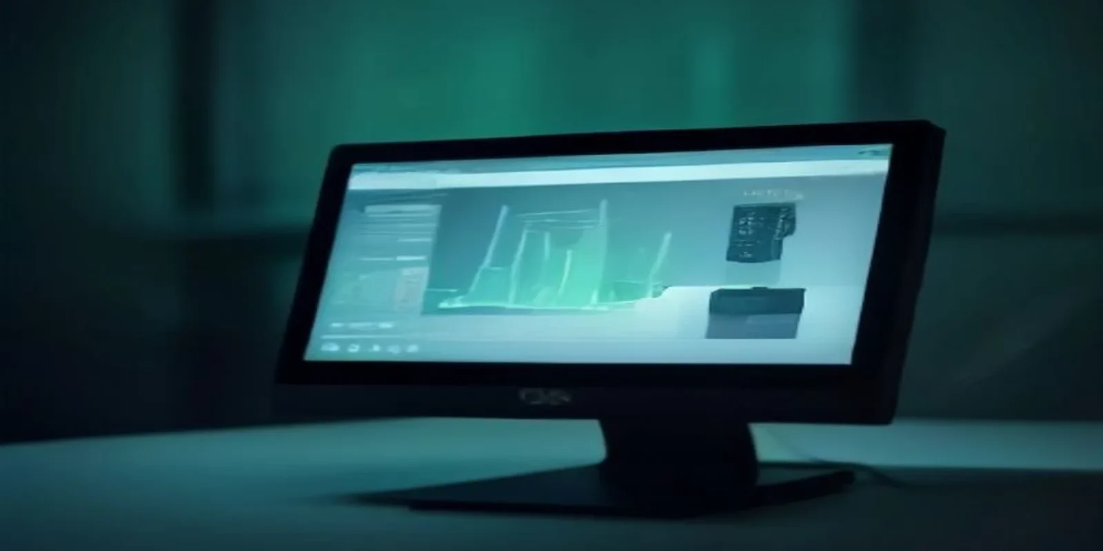 A dark‑mode developer scene featuring a futuristic Shopify POS terminal with neon green voice‑AI checkout interface, highlighting the Shopify POS Voice AI concept.