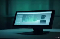 A dark‑mode developer scene featuring a futuristic Shopify POS terminal with neon green voice‑AI checkout interface, highlighting the Shopify POS Voice AI concept.