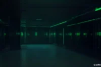 Futuristic dark server room with neon green network of nodes and a glowing terminal; centered neon text “SWARM ENGINE”.